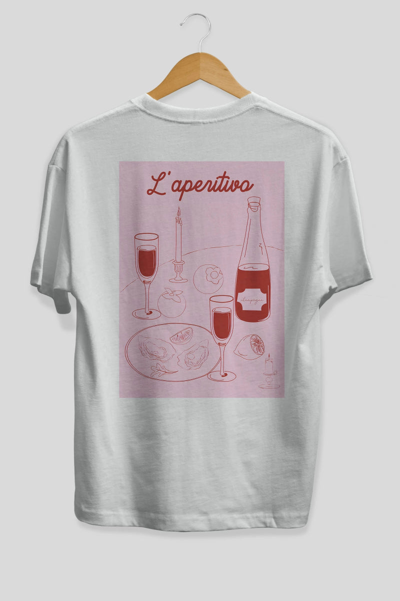 Şampanya L'aperitivo Arka Baskılı Oversize t-shirt Erkek Kadın Unisex %100 Pamuk Bisiklet Yaka tişort - Cilexi