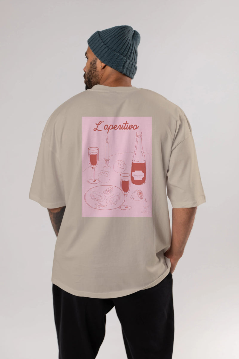 Şampanya L'aperitivo Arka Baskılı Oversize t-shirt Erkek Kadın Unisex %100 Pamuk Bisiklet Yaka tişort - Cilexi