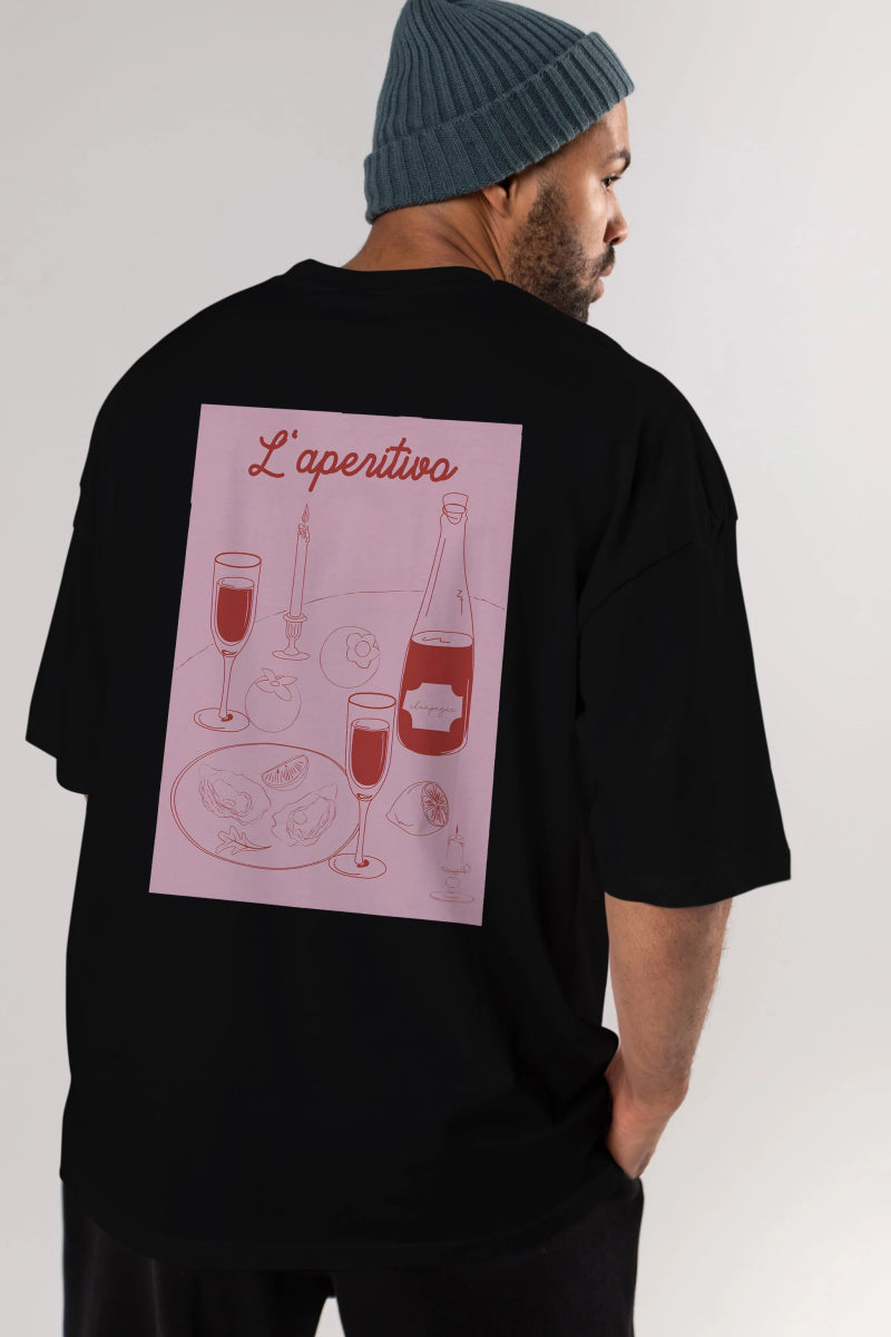 Şampanya L'aperitivo Arka Baskılı Oversize t-shirt Erkek Kadın Unisex %100 Pamuk Bisiklet Yaka tişort - Cilexi