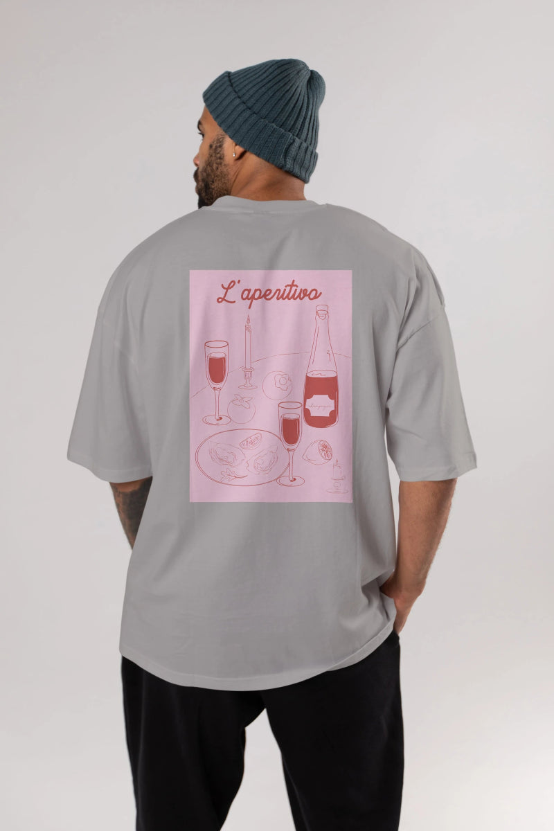 Şampanya L'aperitivo Arka Baskılı Oversize t-shirt Erkek Kadın Unisex %100 Pamuk Bisiklet Yaka tişort - Cilexi