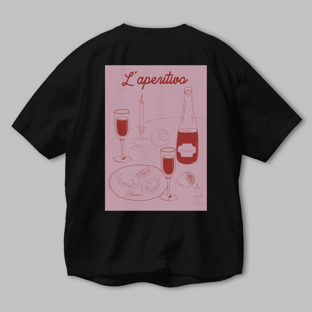 Şampanya L'aperitivo Arka Baskılı Oversize t-shirt Erkek Kadın Unisex %100 Pamuk Bisiklet Yaka tişort - Cilexi