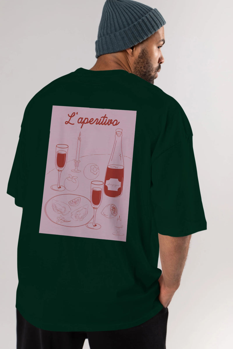 Şampanya L'aperitivo Arka Baskılı Oversize t-shirt Erkek Kadın Unisex %100 Pamuk Bisiklet Yaka tişort - Cilexi