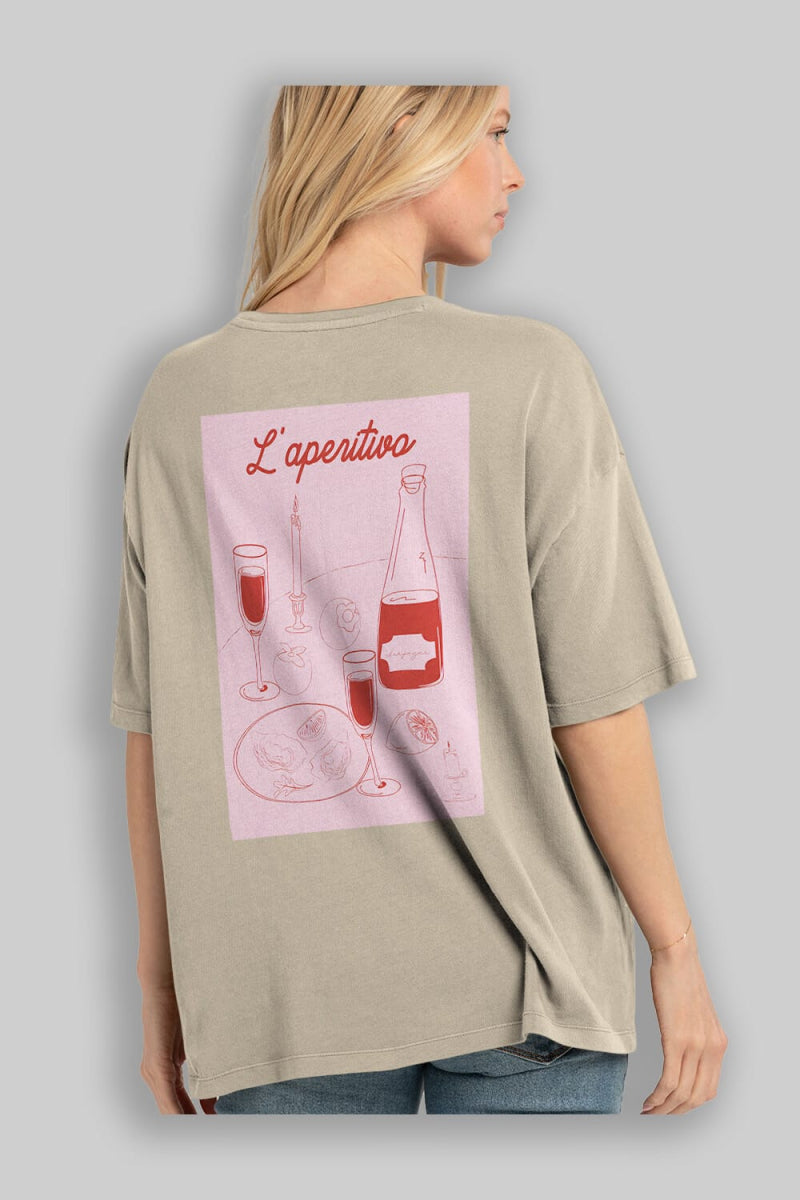 Şampanya L'aperitivo Arka Baskılı Oversize t-shirt Erkek Kadın Unisex %100 Pamuk Bisiklet Yaka tişort - Cilexi