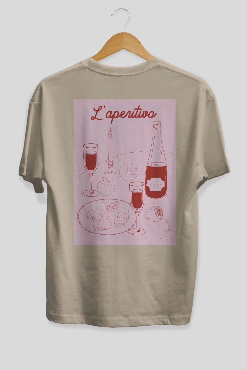 Şampanya L'aperitivo Arka Baskılı Oversize t-shirt Erkek Kadın Unisex %100 Pamuk Bisiklet Yaka tişort - Cilexi