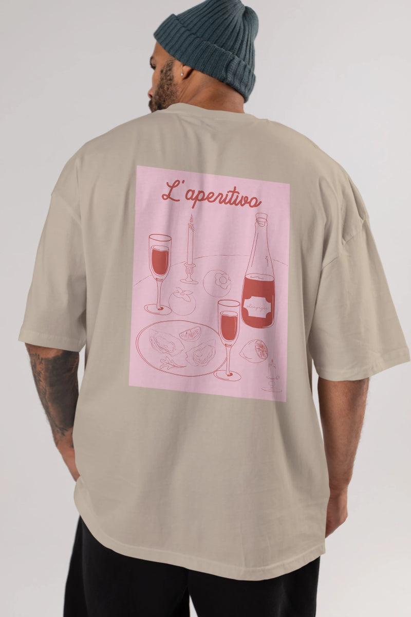 Şampanya L'aperitivo Arka Baskılı Oversize t-shirt Erkek Kadın Unisex %100 Pamuk Bisiklet Yaka tişort - Cilexi