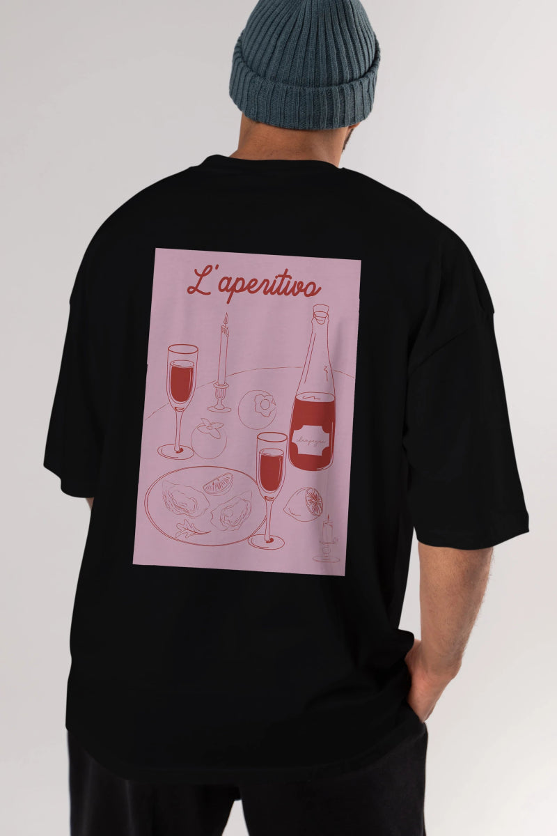 Şampanya L'aperitivo Arka Baskılı Oversize t-shirt Erkek Kadın Unisex %100 Pamuk Bisiklet Yaka tişort - Cilexi