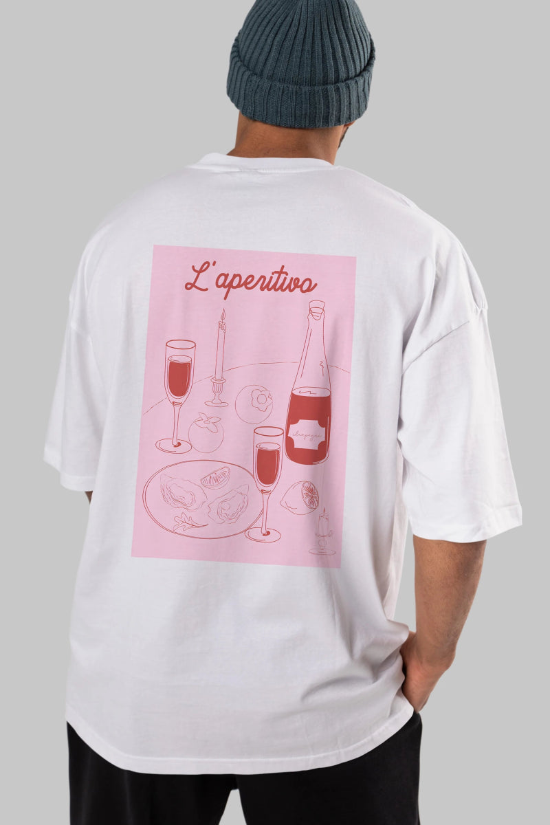 Şampanya L'aperitivo Arka Baskılı Oversize t-shirt Erkek Kadın Unisex %100 Pamuk Bisiklet Yaka tişort - Cilexi