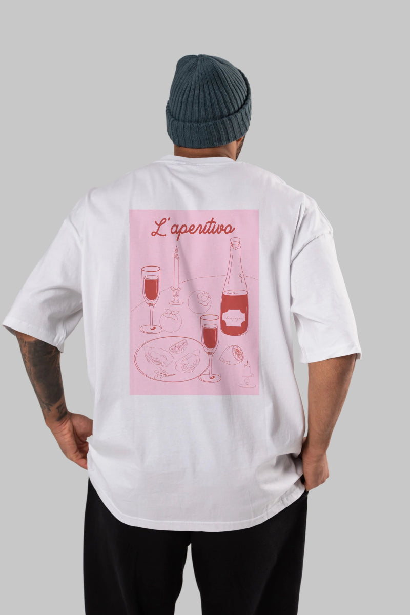 Şampanya L'aperitivo Arka Baskılı Oversize t-shirt Erkek Kadın Unisex %100 Pamuk Bisiklet Yaka tişort - Cilexi