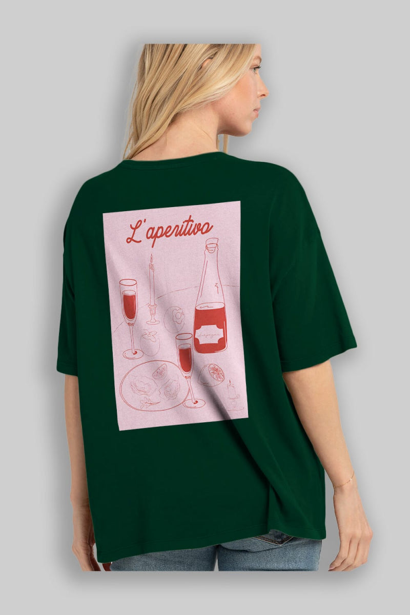 Şampanya L'aperitivo Arka Baskılı Oversize t-shirt Erkek Kadın Unisex %100 Pamuk Bisiklet Yaka tişort - Cilexi