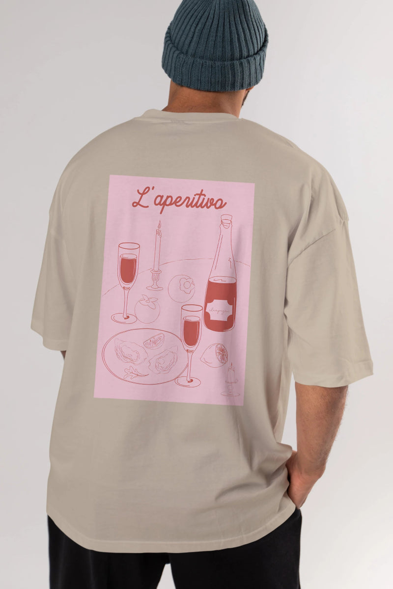 Şampanya L'aperitivo Arka Baskılı Oversize t-shirt Erkek Kadın Unisex %100 Pamuk Bisiklet Yaka tişort - Cilexi