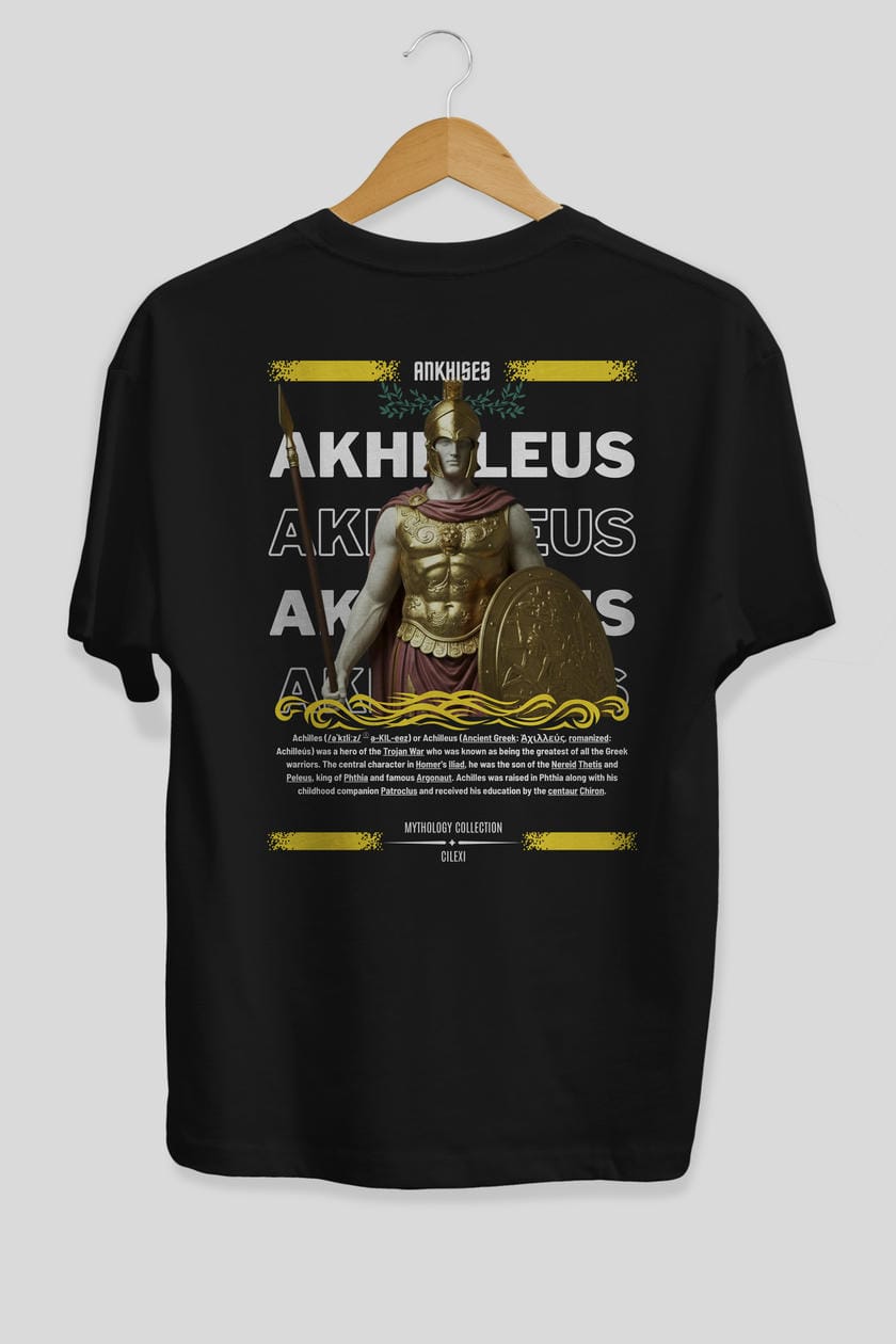Akhilleus 1 Arka Baskılı Oversize t-shirt Erkek Kadın %100 Pamuk Bisiklet Yaka tişort