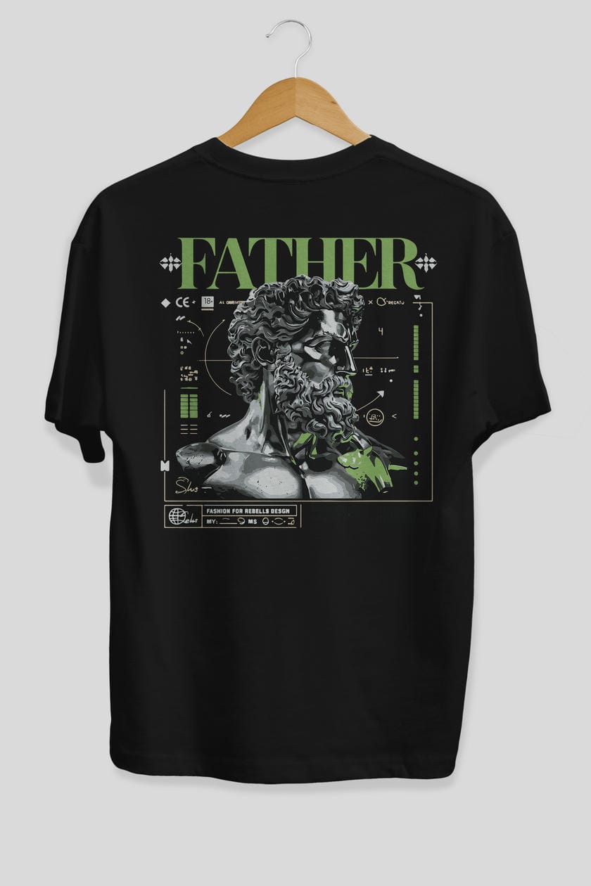 Father Zeus Arka Baskılı Oversize t-shirt Erkek Kadın %100 Pamuk Bisiklet Yaka tişort