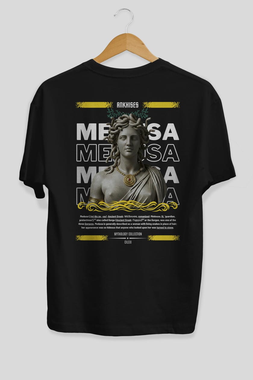 Medusa 4 Arka Baskılı Oversize t-shirt Erkek Kadın %100 Pamuk Bisiklet Yaka tişort