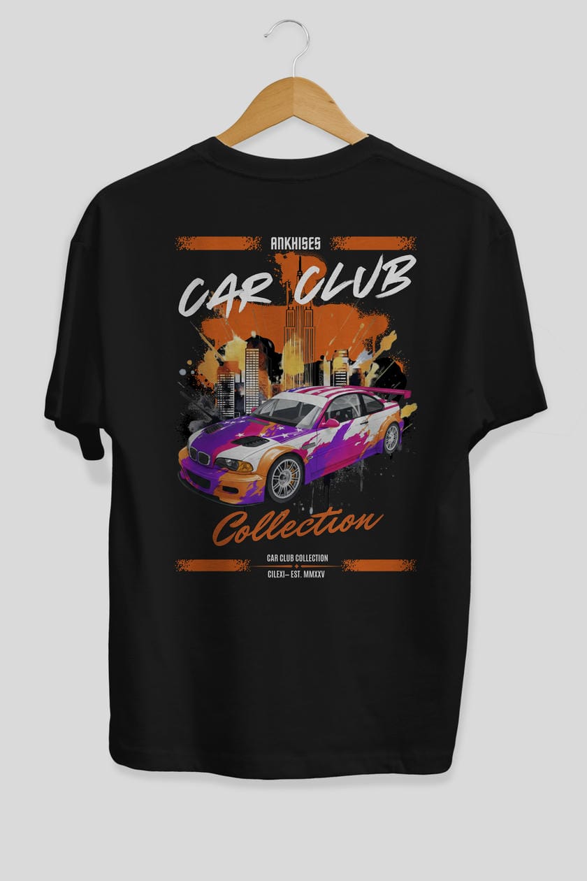 Araba Club Serisi 6 Baskılı Oversize t-shirt Erkek Kadın %100 Pamuk Bisiklet Yaka tişort