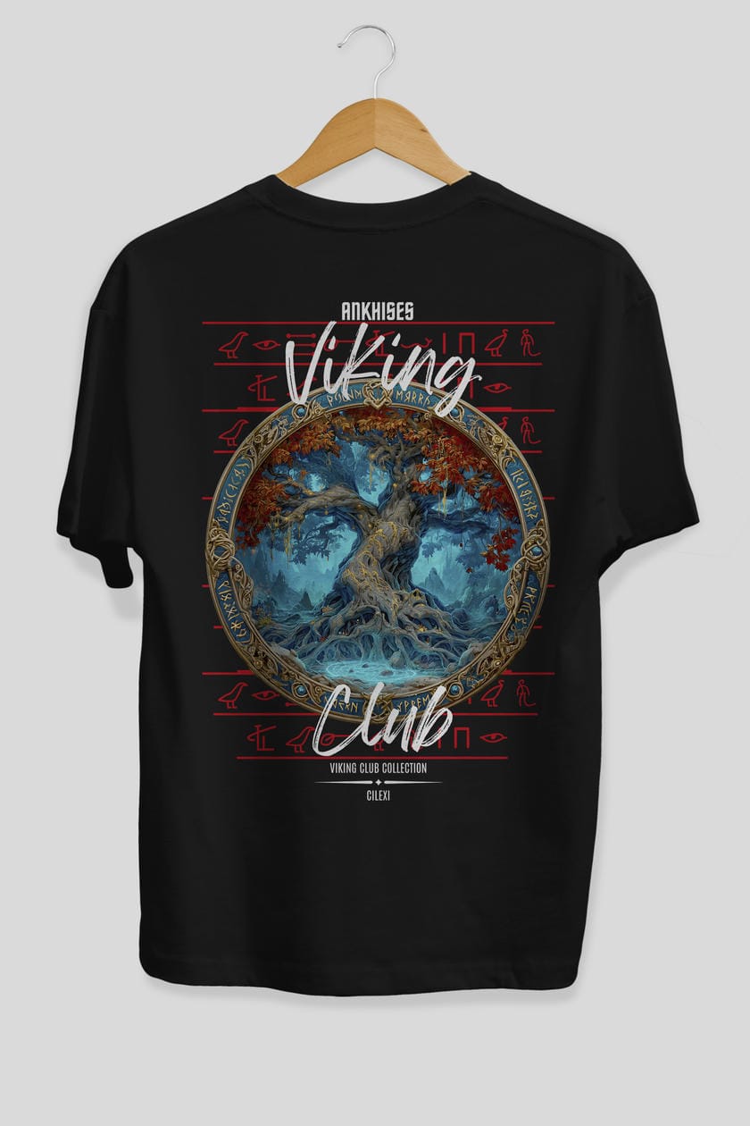 Yggdrasil Arka Baskılı Oversize t-shirt Erkek Kadın %100 Pamuk Bisiklet Yaka tişort