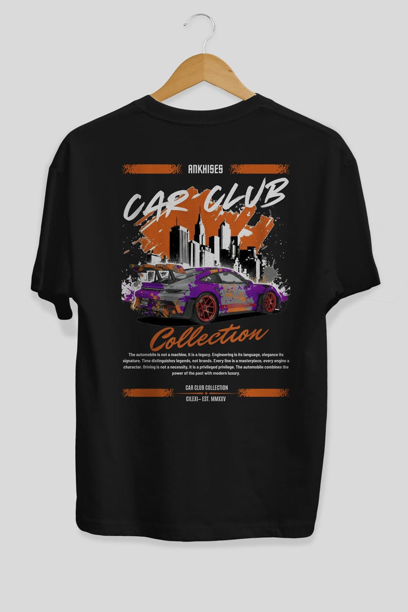 Araba Club Serisi 2 Baskılı Oversize t-shirt Erkek Kadın %100 Pamuk Bisiklet Yaka tişort