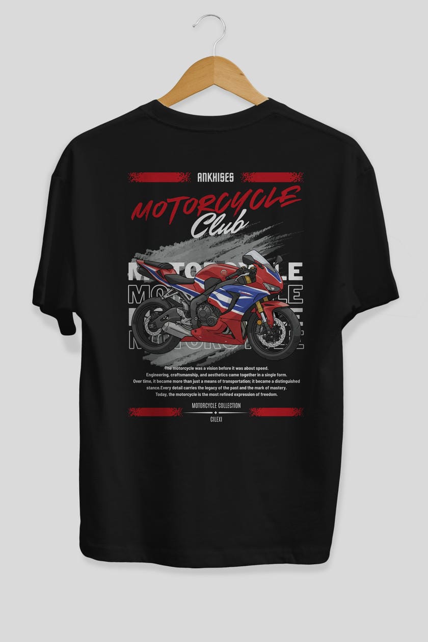 Motosiklet Serisi 25 Arka Baskılı Oversize t-shirt Erkek Kadın %100 Pamuk Bisiklet Yaka tişort