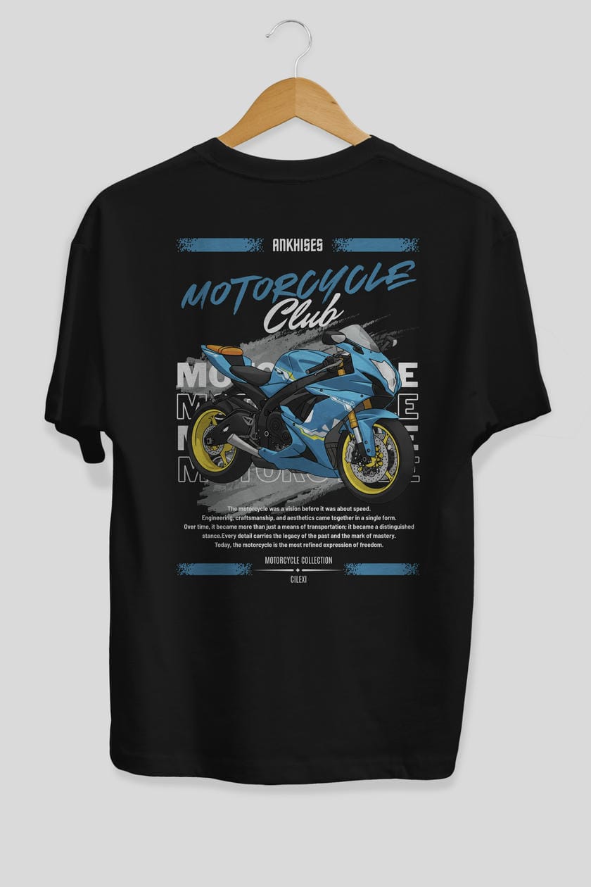 Motosiklet Serisi 11 Arka Baskılı Oversize t-shirt Erkek Kadın %100 Pamuk Bisiklet Yaka tişort