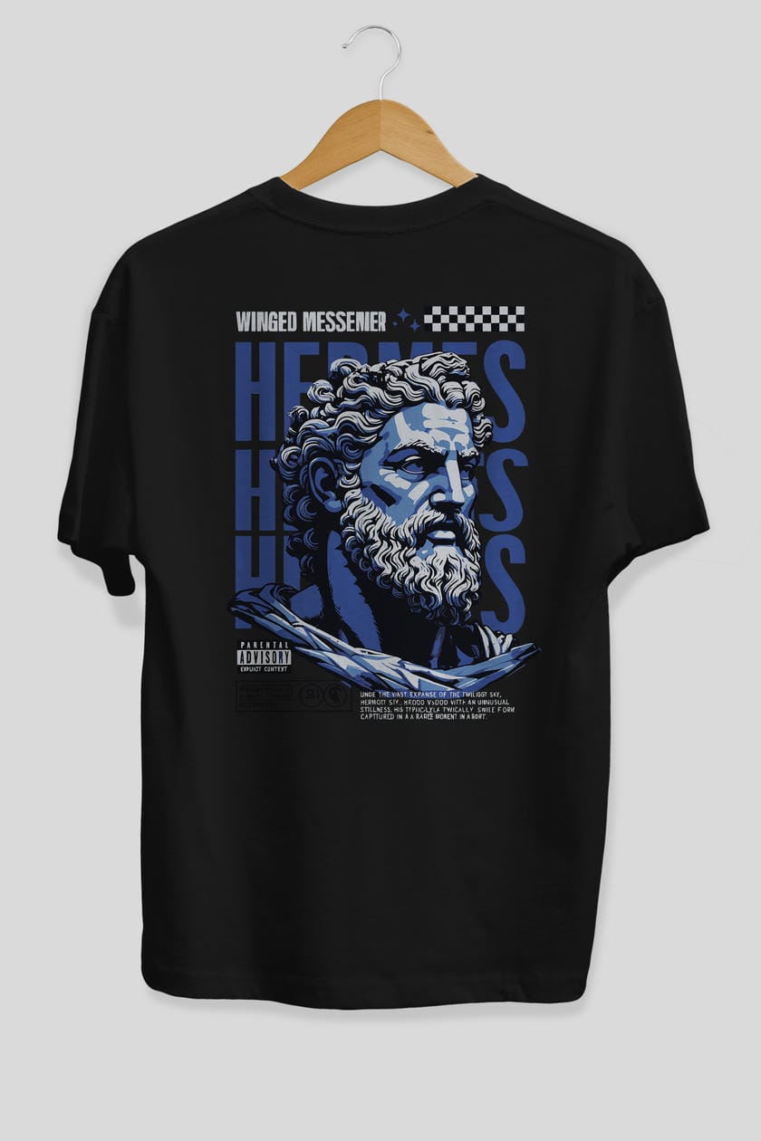Hermes 1 Arka Baskılı Oversize t-shirt Erkek Kadın %100 Pamuk Bisiklet Yaka tişort