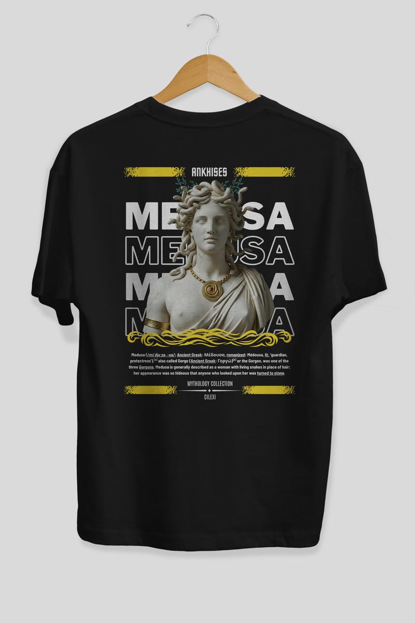 Medusa 3 Arka Baskılı Oversize t-shirt Erkek Kadın %100 Pamuk Bisiklet Yaka tişort
