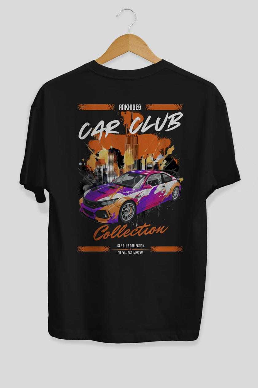 Araba Club Serisi 9 Baskılı Oversize t-shirt Erkek Kadın %100 Pamuk Bisiklet Yaka tişort