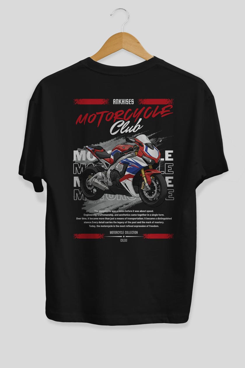 Motosiklet Serisi 4 Arka Baskılı Oversize t-shirt Erkek Kadın %100 Pamuk Bisiklet Yaka tişort