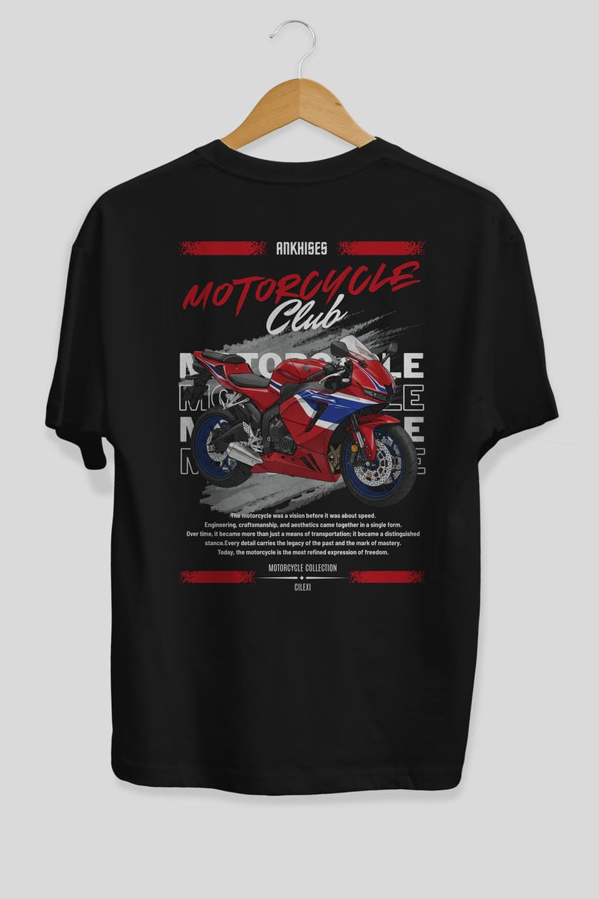 Motosiklet Serisi 24 Arka Baskılı Oversize t-shirt Erkek Kadın %100 Pamuk Bisiklet Yaka tişort