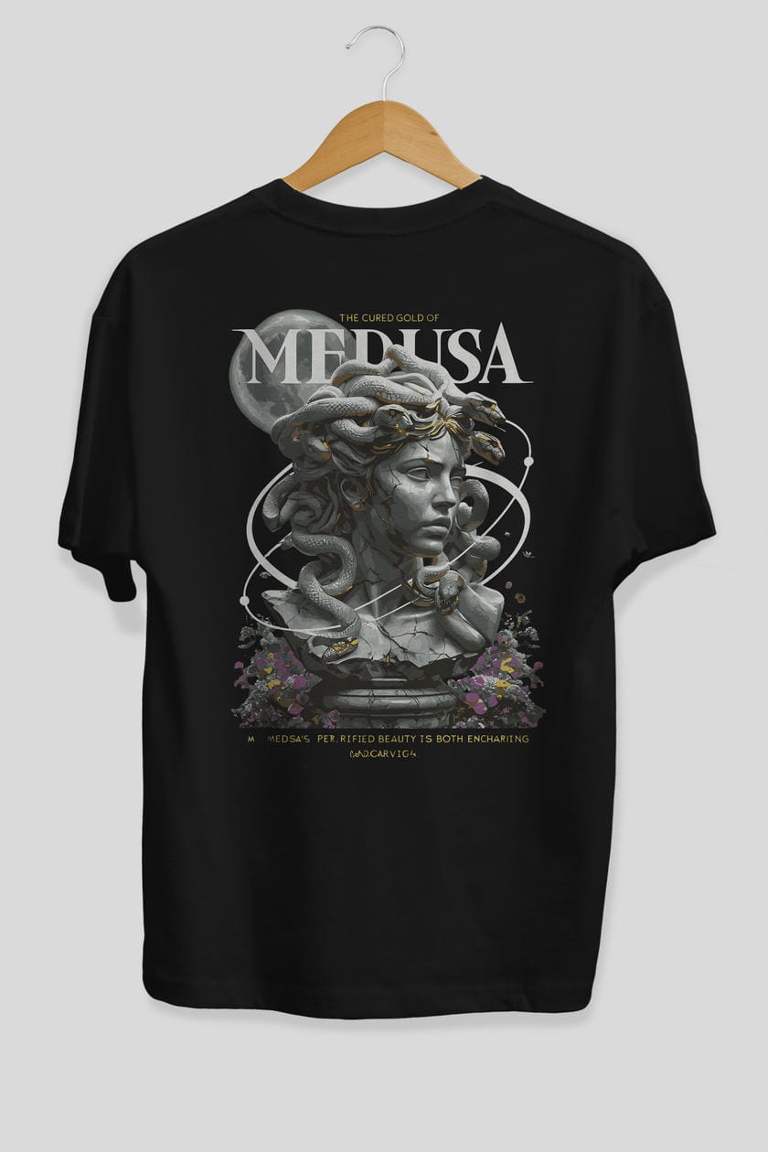 Medusa Arka Baskılı Oversize t-shirt Erkek Kadın %100 Pamuk Bisiklet Yaka tişort
