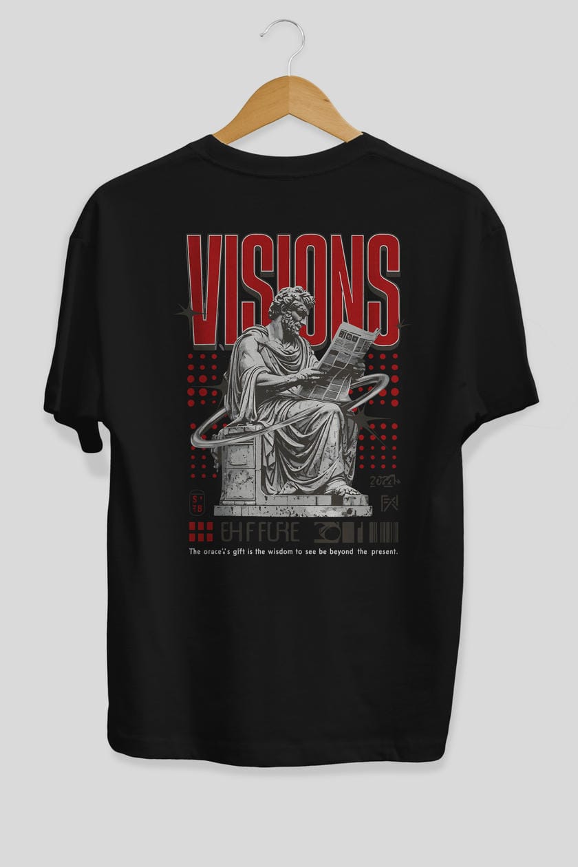Visions Arka Baskılı Oversize t-shirt Erkek Kadın %100 Pamuk Bisiklet Yaka tişort