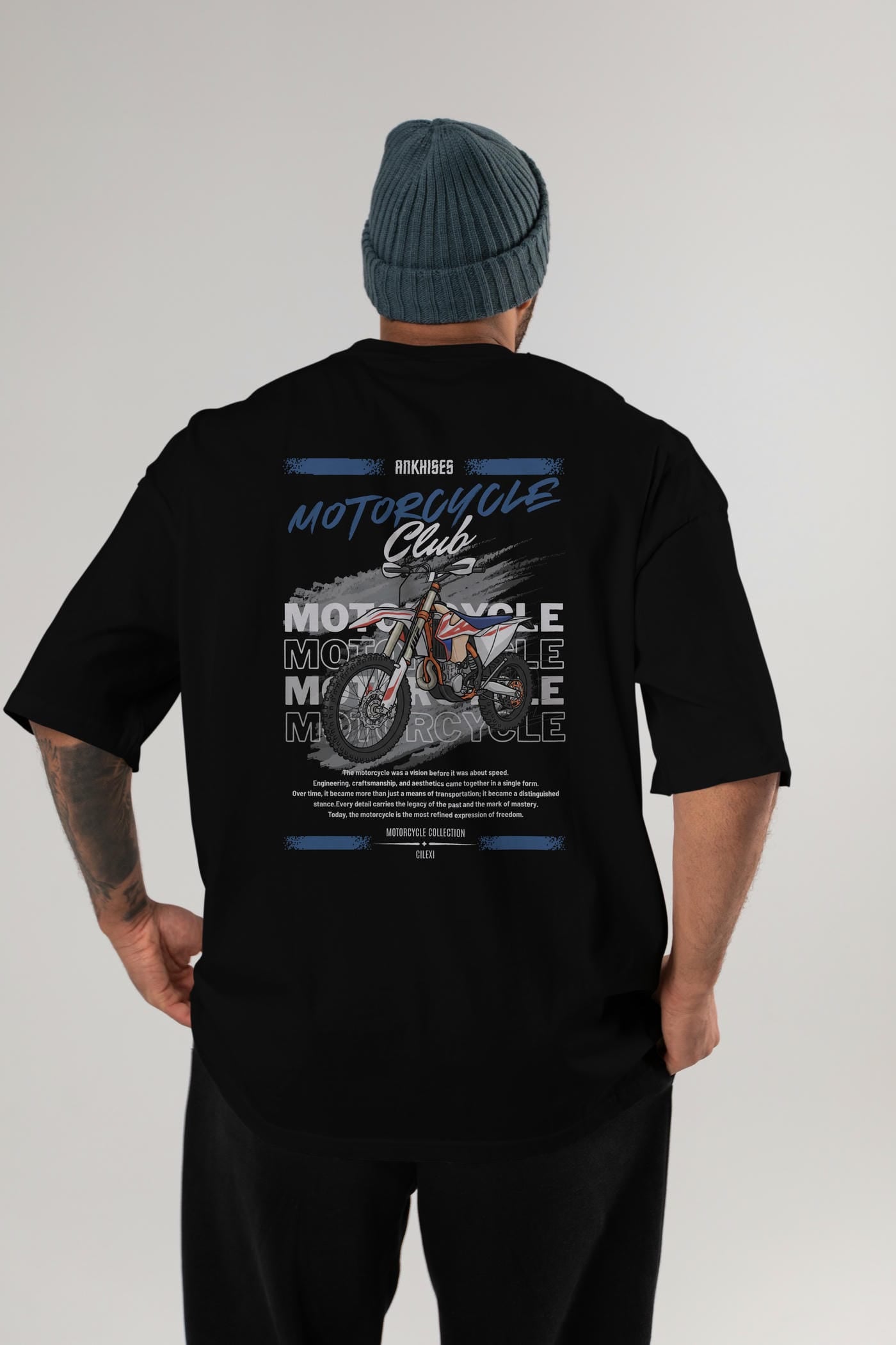 Motosiklet Serisi 18 Arka Baskılı Oversize t-shirt Erkek Kadın %100 Pamuk Bisiklet Yaka tişort