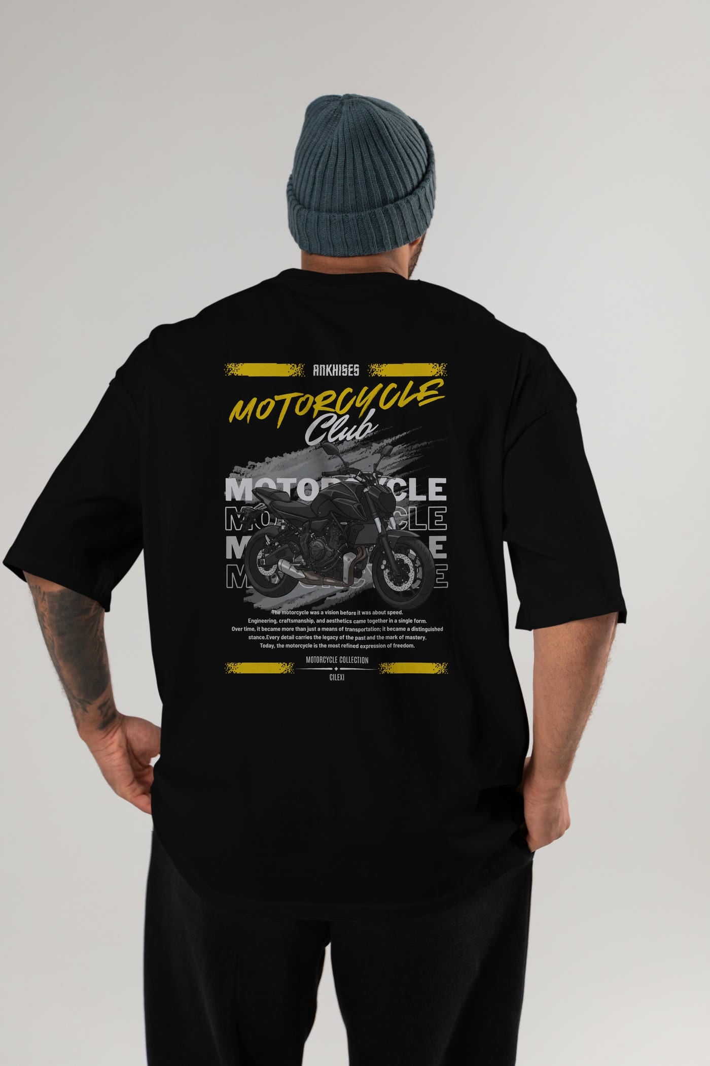 Motosiklet Serisi 20 Arka Baskılı Oversize t-shirt Erkek Kadın %100 Pamuk Bisiklet Yaka tişort