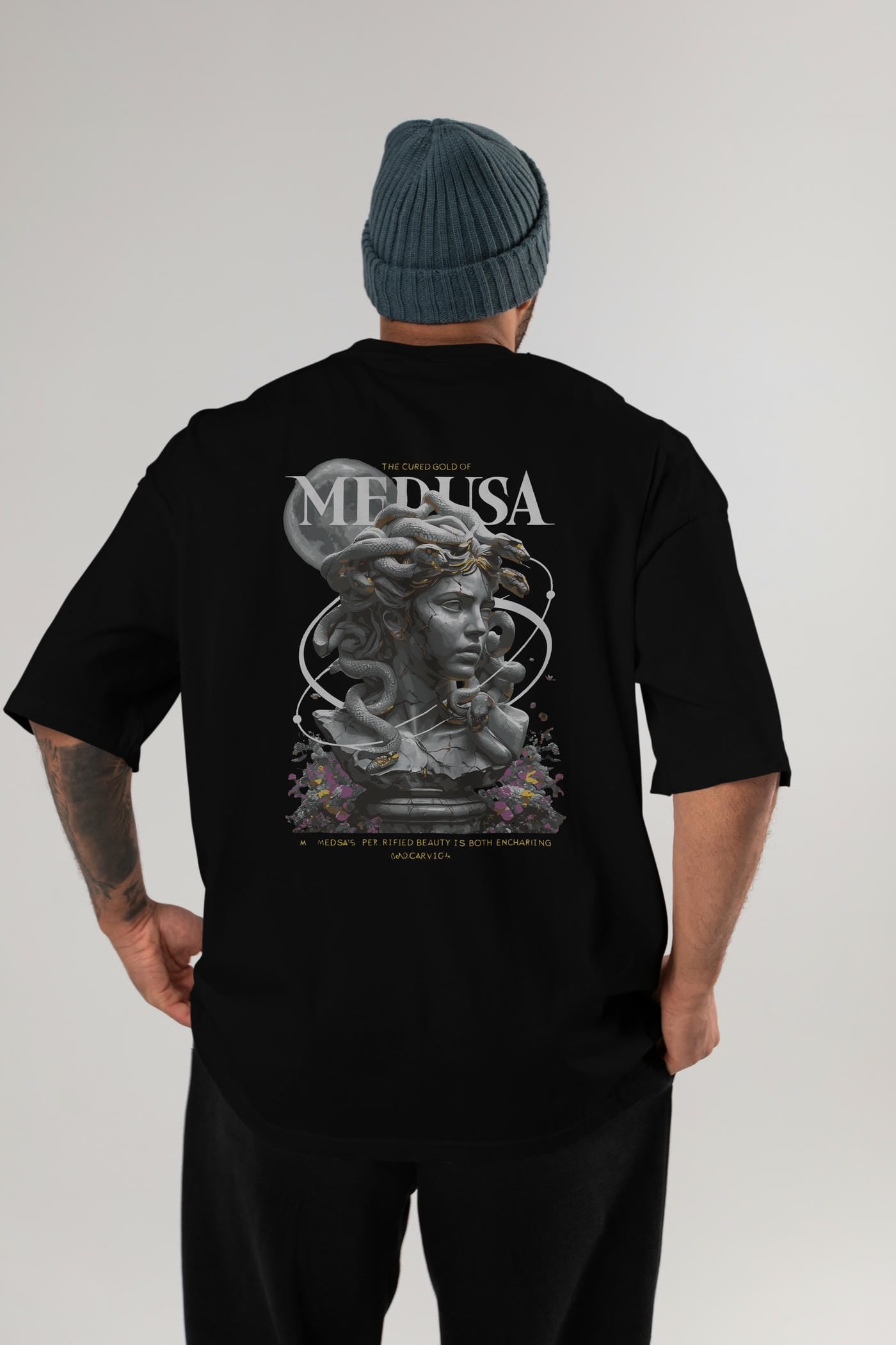 Medusa Arka Baskılı Oversize t-shirt Erkek Kadın %100 Pamuk Bisiklet Yaka tişort