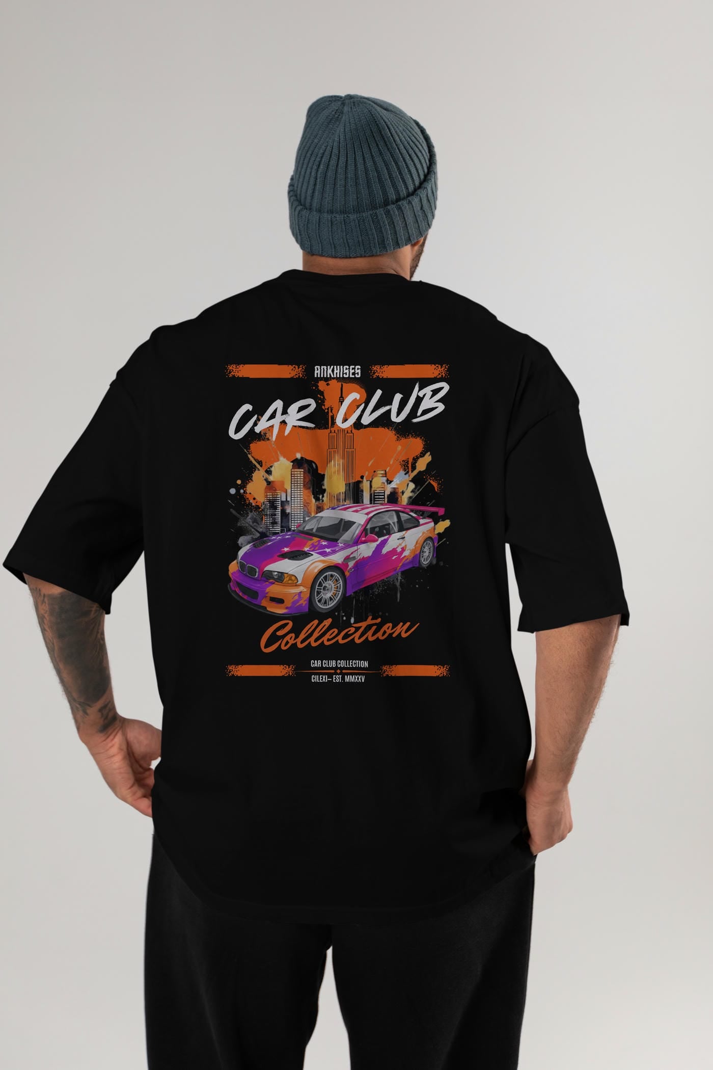 Araba Club Serisi 6 Baskılı Oversize t-shirt Erkek Kadın %100 Pamuk Bisiklet Yaka tişort