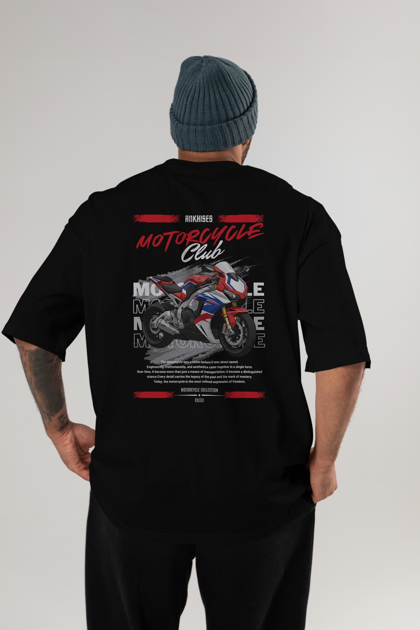 Motosiklet Serisi 4 Arka Baskılı Oversize t-shirt Erkek Kadın %100 Pamuk Bisiklet Yaka tişort