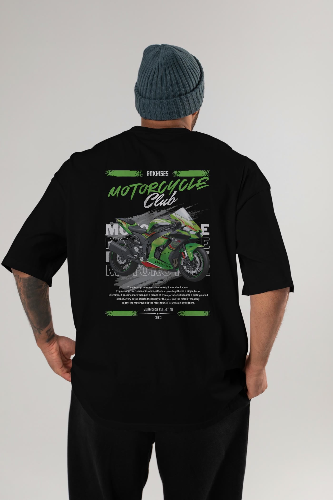 Motosiklet Serisi 14 Arka Baskılı Oversize t-shirt Erkek Kadın %100 Pamuk Bisiklet Yaka tişort