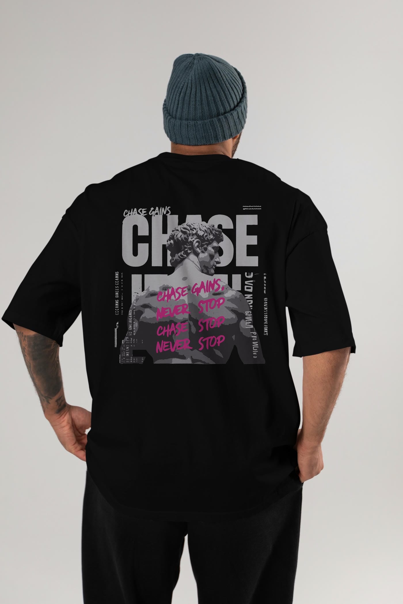 Chase Gains Arka Baskılı Oversize t-shirt Erkek Kadın %100 Pamuk Bisiklet Yaka tişort