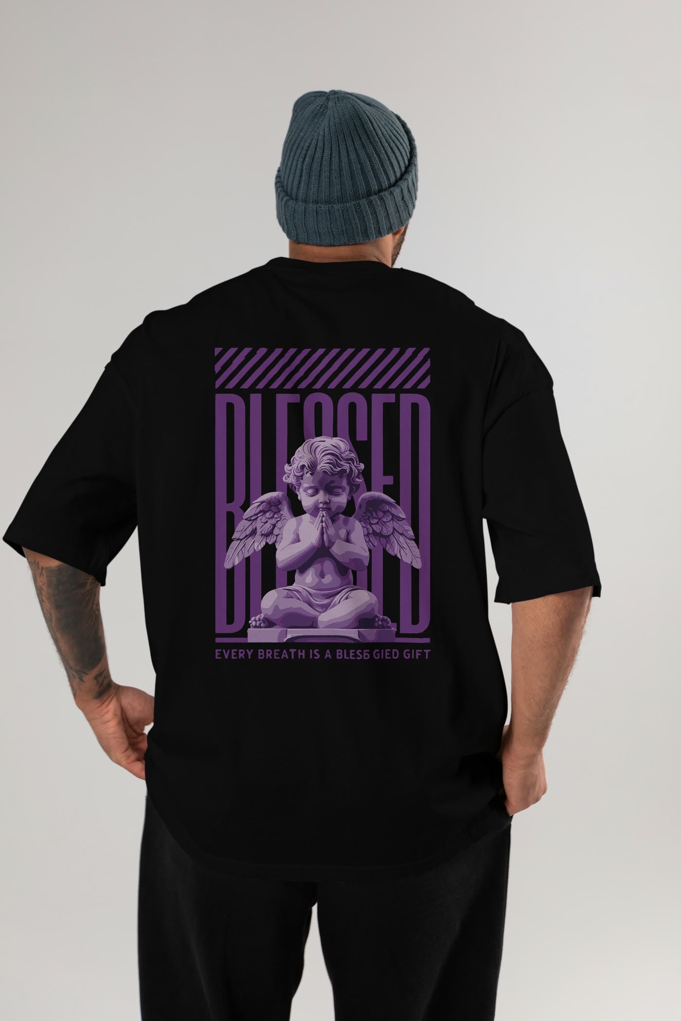 Blessed Arka Baskılı Oversize t-shirt Erkek Kadın %100 Pamuk Bisiklet Yaka tişort