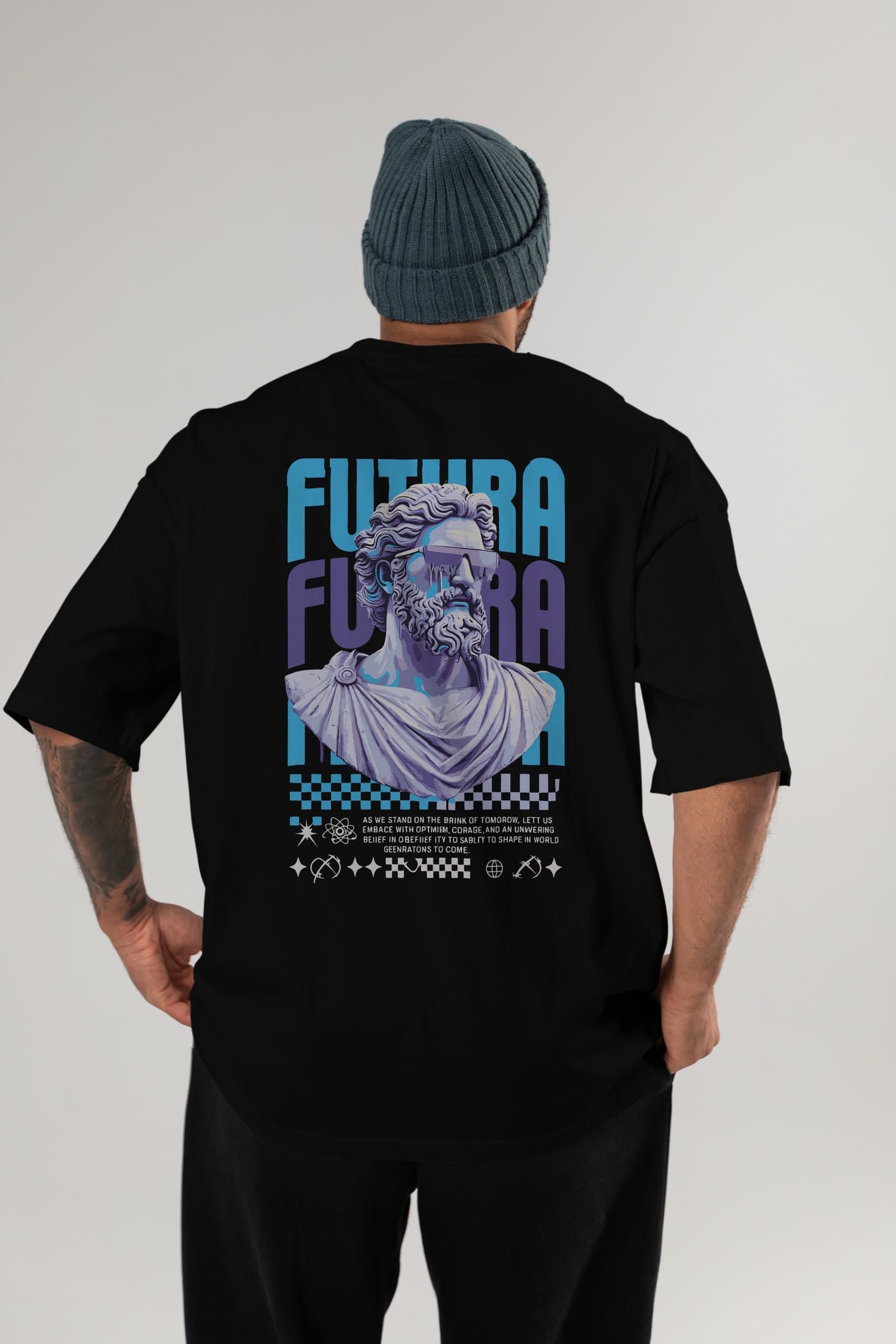 Futura Zeus Arka Baskılı Oversize t-shirt Erkek Kadın %100 Pamuk Bisiklet Yaka tişort