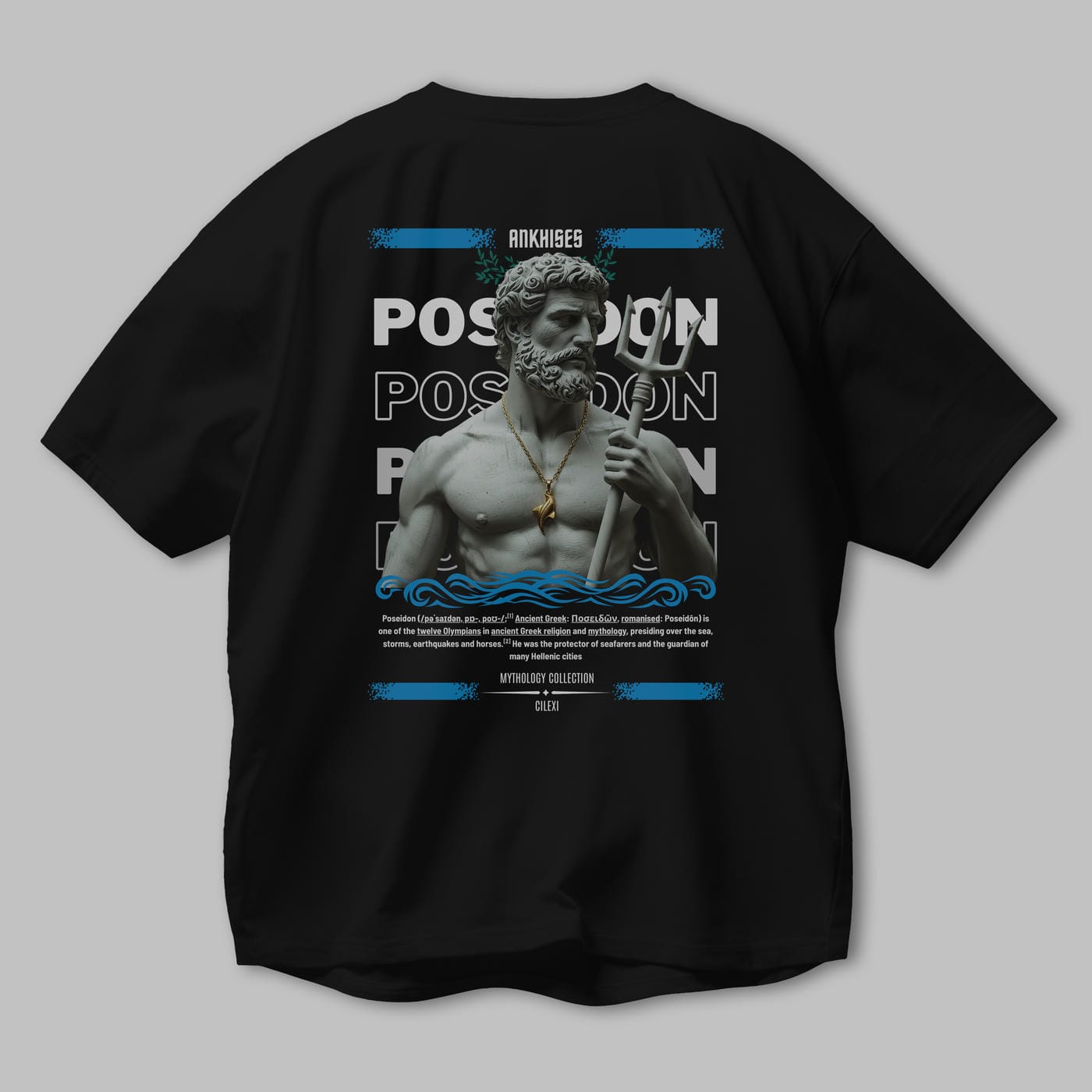 Poseidon 3 Arka Baskılı Oversize t-shirt Erkek Kadın %100 Pamuk Bisiklet Yaka tişort