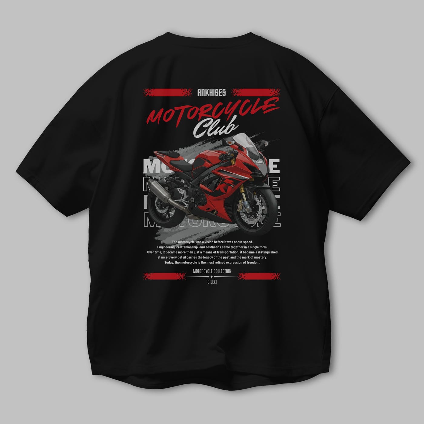 Motosiklet Serisi 5 Arka Baskılı Oversize t-shirt Erkek Kadın %100 Pamuk Bisiklet Yaka tişort