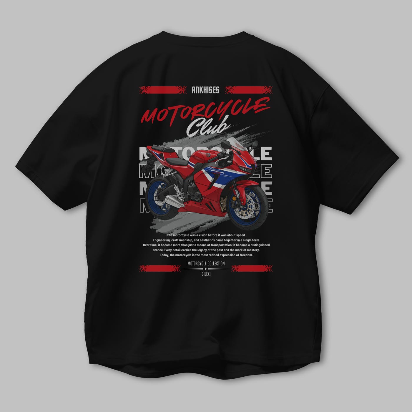 Motosiklet Serisi 24 Arka Baskılı Oversize t-shirt Erkek Kadın %100 Pamuk Bisiklet Yaka tişort