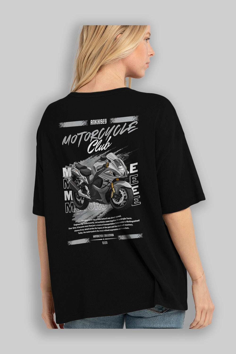 Motosiklet Serisi 9 Arka Baskılı Oversize t-shirt Erkek Kadın %100 Pamuk Bisiklet Yaka tişort