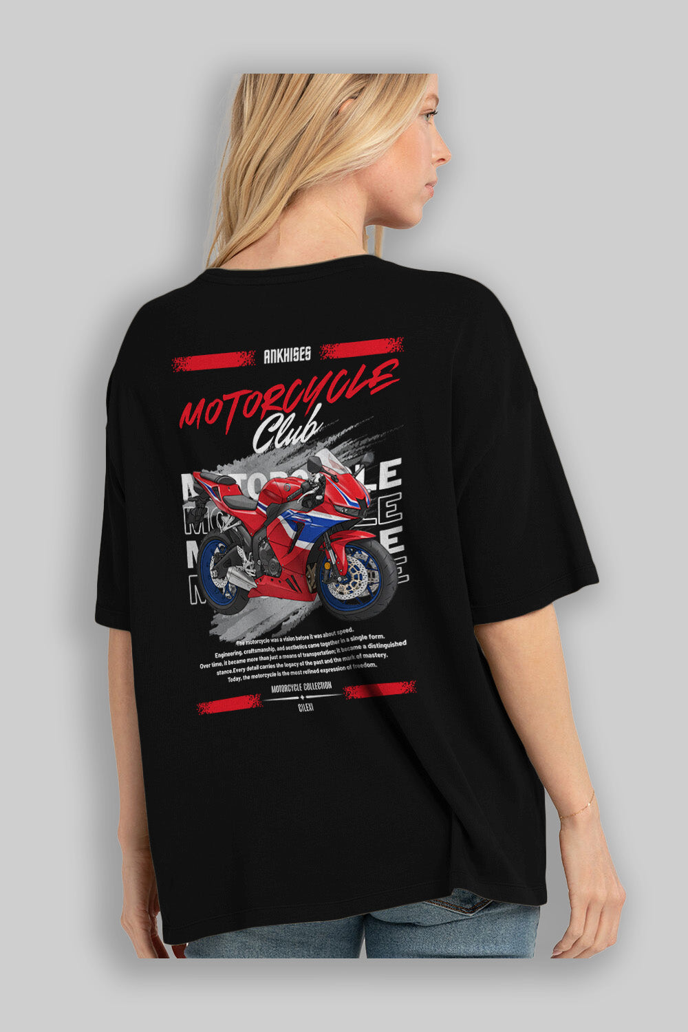 Motosiklet Serisi 24 Arka Baskılı Oversize t-shirt Erkek Kadın %100 Pamuk Bisiklet Yaka tişort