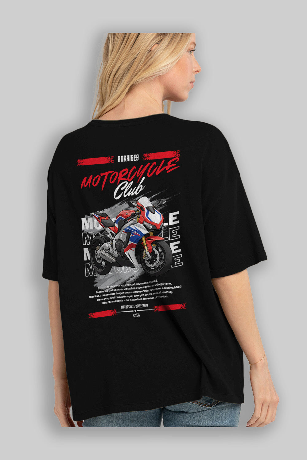 Motosiklet Serisi 4 Arka Baskılı Oversize t-shirt Erkek Kadın %100 Pamuk Bisiklet Yaka tişort