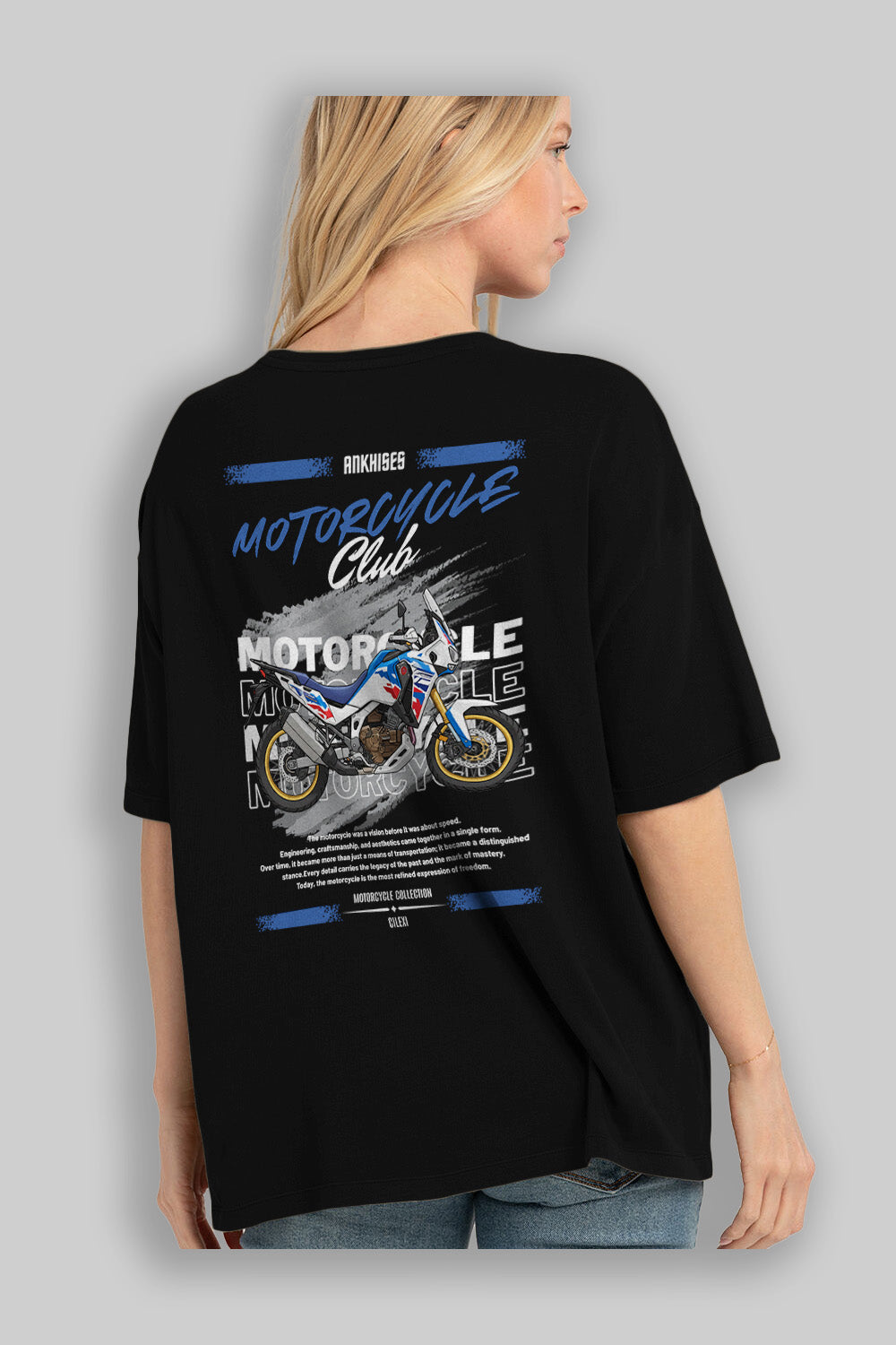 Motosiklet Serisi 23 Arka Baskılı Oversize t-shirt Erkek Kadın %100 Pamuk Bisiklet Yaka tişort