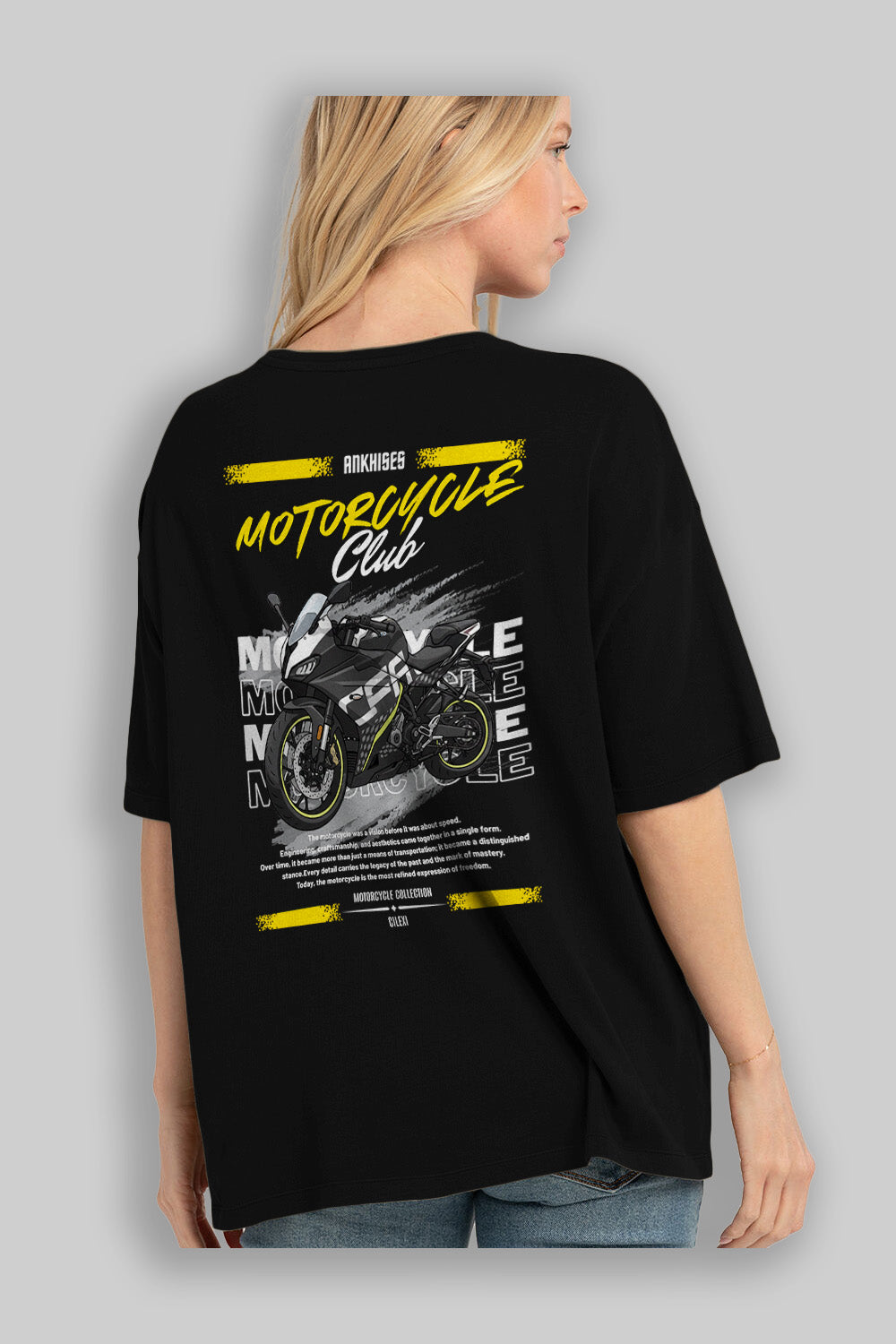 Motosiklet Serisi 16 Arka Baskılı Oversize t-shirt Erkek Kadın %100 Pamuk Bisiklet Yaka tişort
