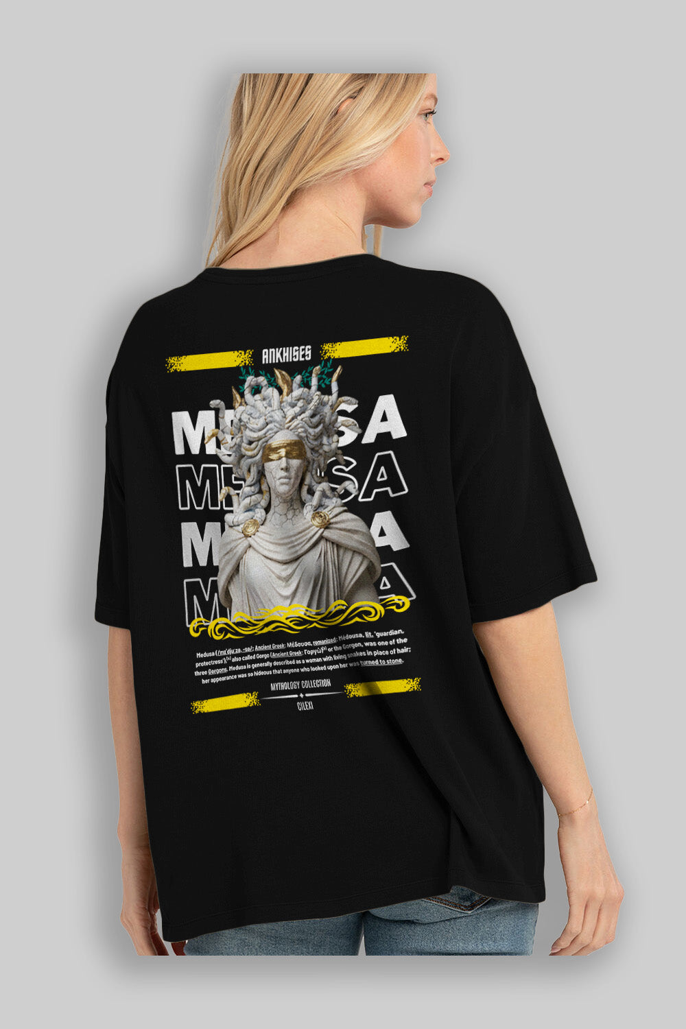 Medusa 2 Arka Baskılı Oversize t-shirt Erkek Kadın %100 Pamuk Bisiklet Yaka tişort