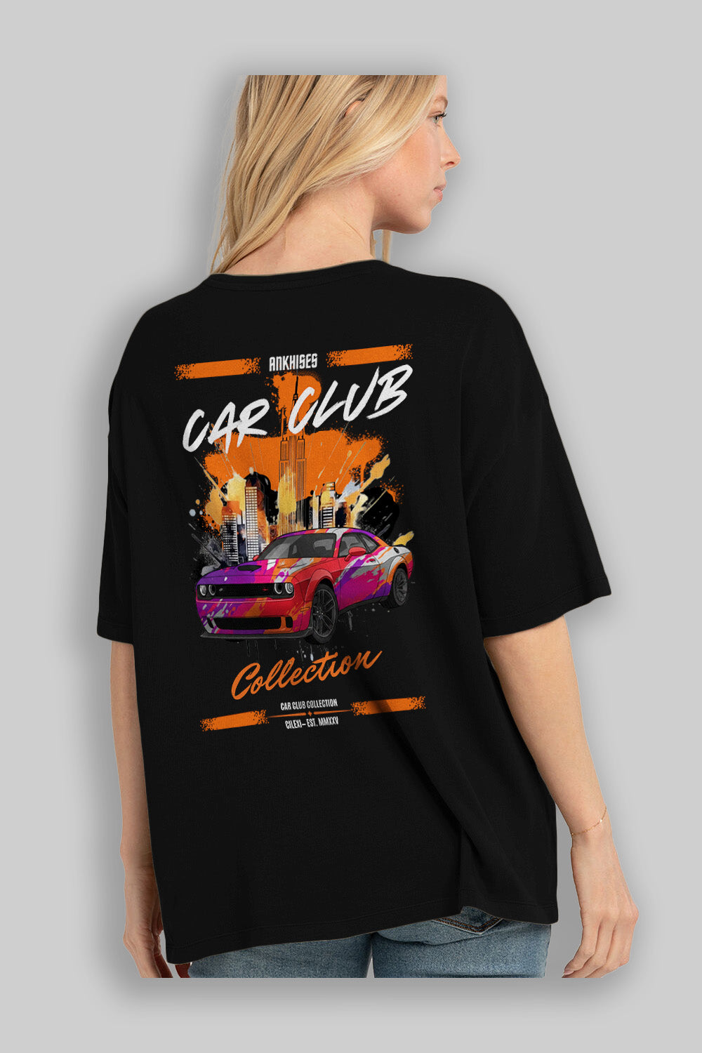 Araba Club Serisi 19 Baskılı Oversize t-shirt Erkek Kadın %100 Pamuk Bisiklet Yaka tişort