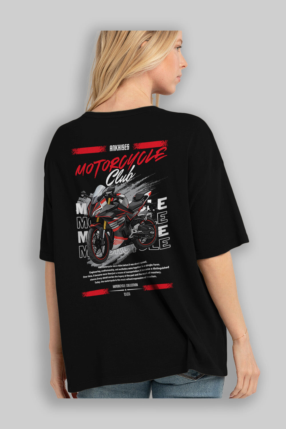 Motosiklet Serisi 17 Arka Baskılı Oversize t-shirt Erkek Kadın %100 Pamuk Bisiklet Yaka tişort