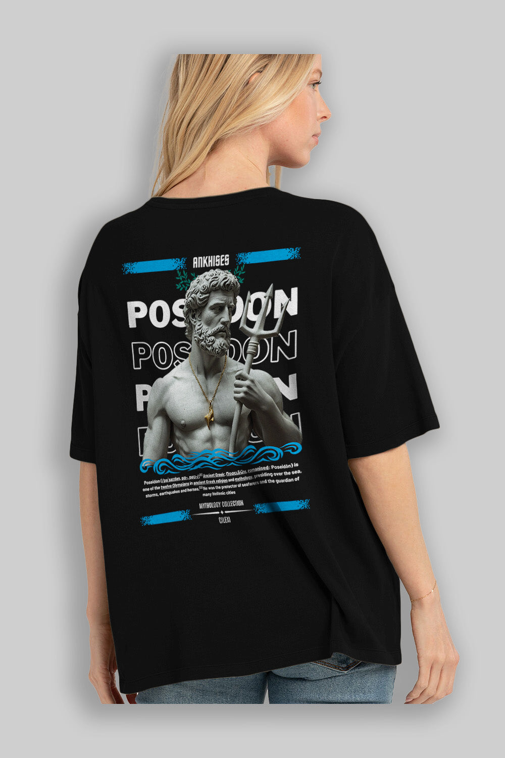 Poseidon 3 Arka Baskılı Oversize t-shirt Erkek Kadın %100 Pamuk Bisiklet Yaka tişort